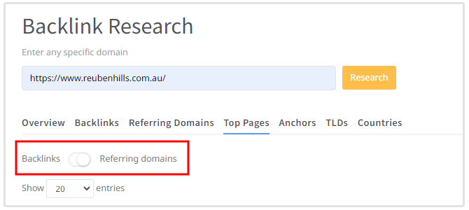 switch between backlinks or referring domains